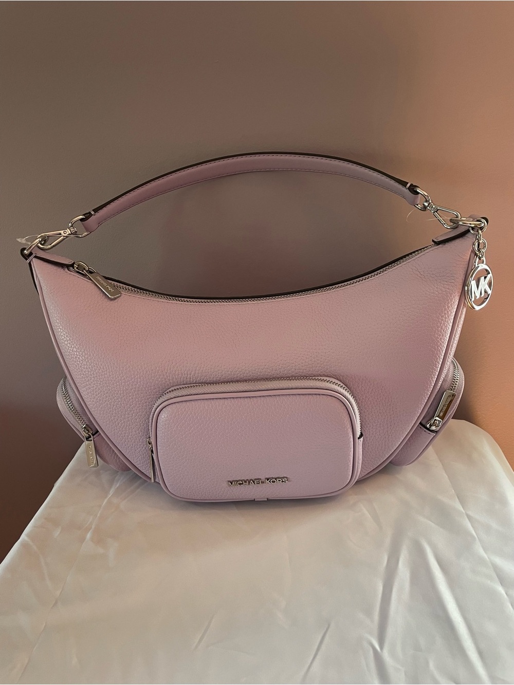Michael Kors Lilac Pebble Leather Shoulder Bag with Silver Hardware